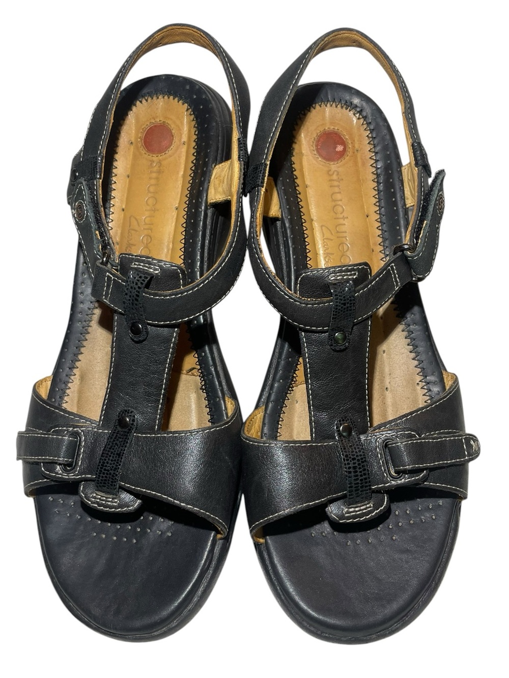 Clarks Unstructured Black Leather T-Strap Adjustable Sandals Women’s 9 Wide